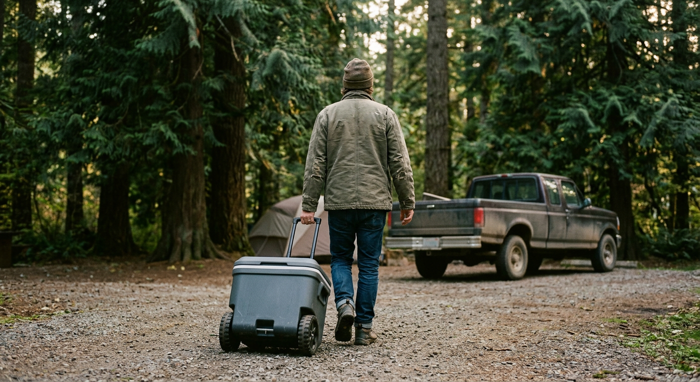 A camper pulling an unbranded wheeled cooler across a gravel pad toward a pickup