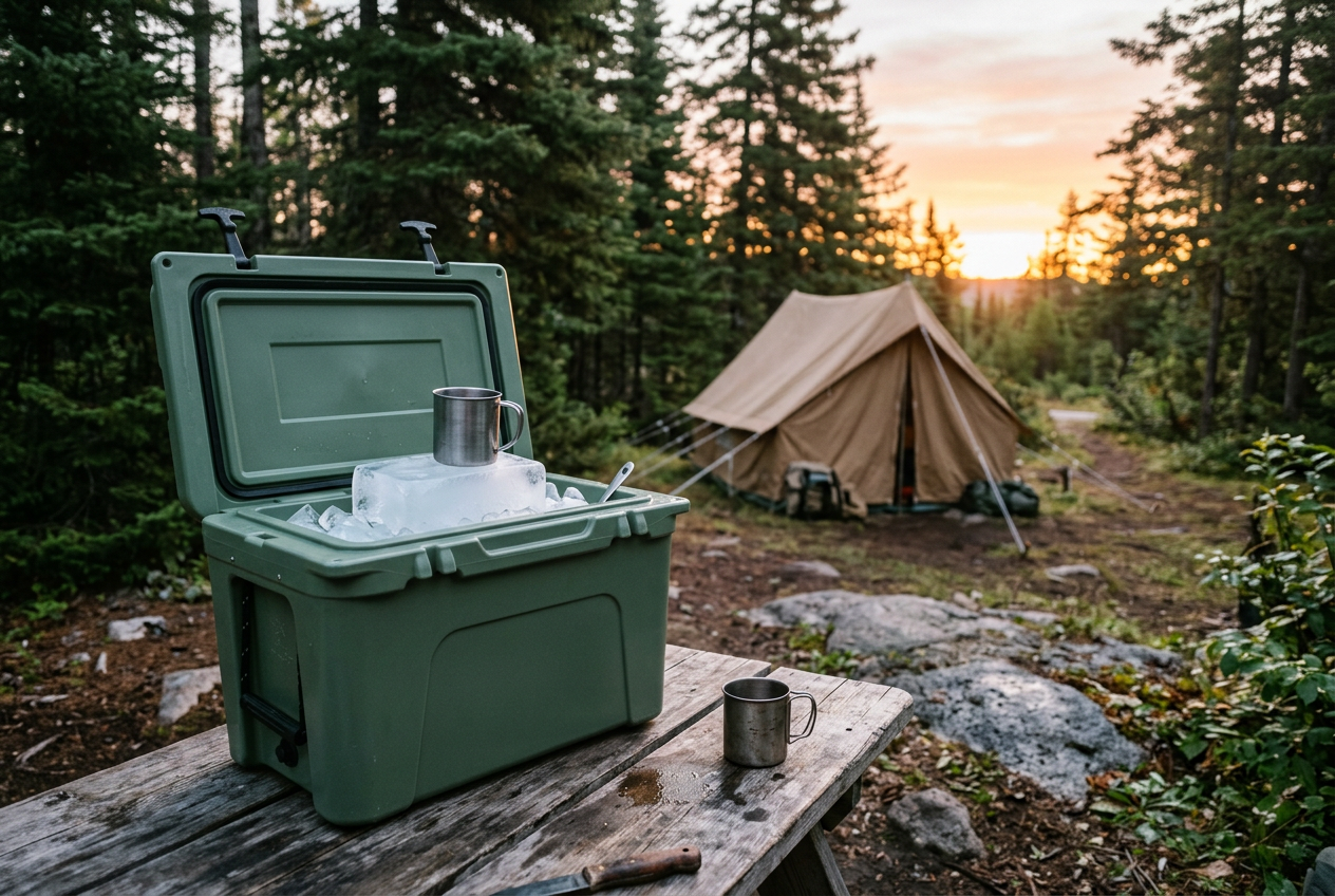 An unbranded green hard cooler packed with block ice on a wooden table at a spruce campsite