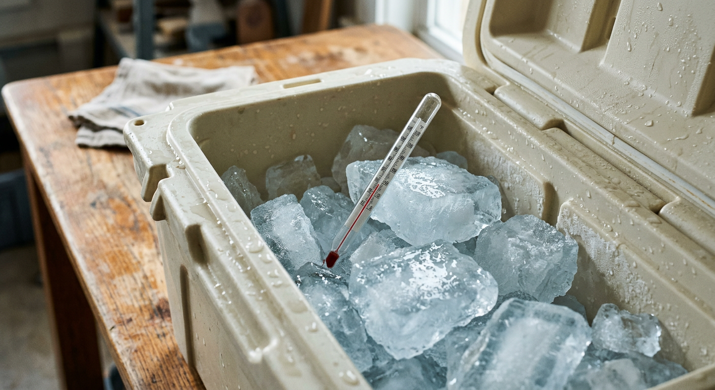 A thermometer resting in ice inside an unbranded hard cooler